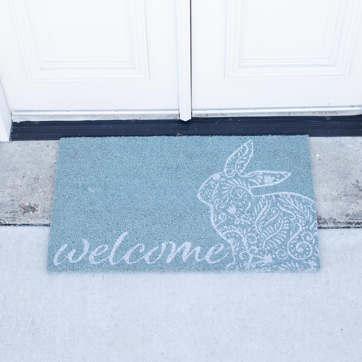 Welcome Floral Bunny Coir Doormat   Blue/White   30x18