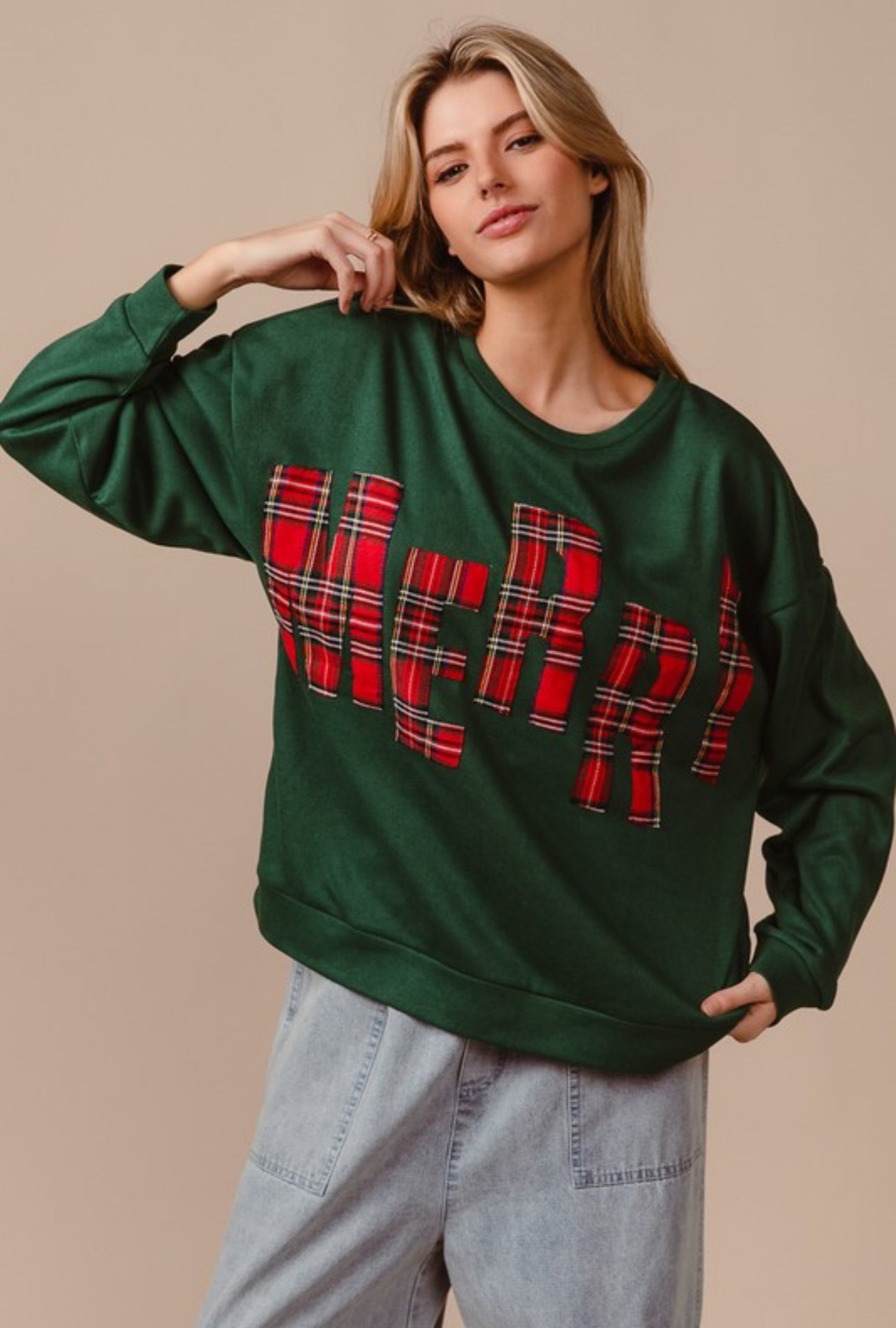 Green Merry Plaid Lettered Christmas Long Sleeved Pullover