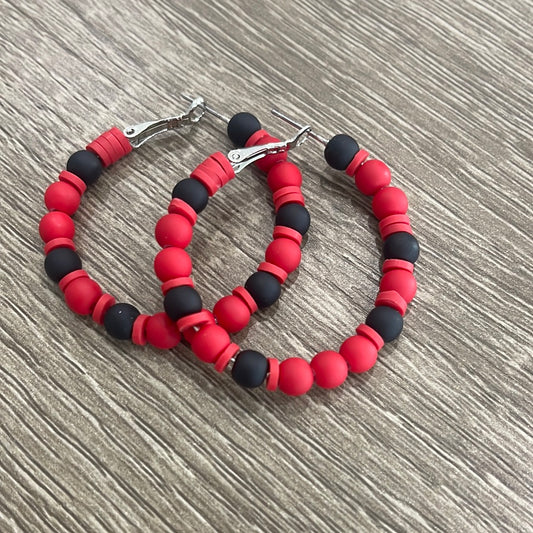 Red and Black Round Bead Hoop Earrings