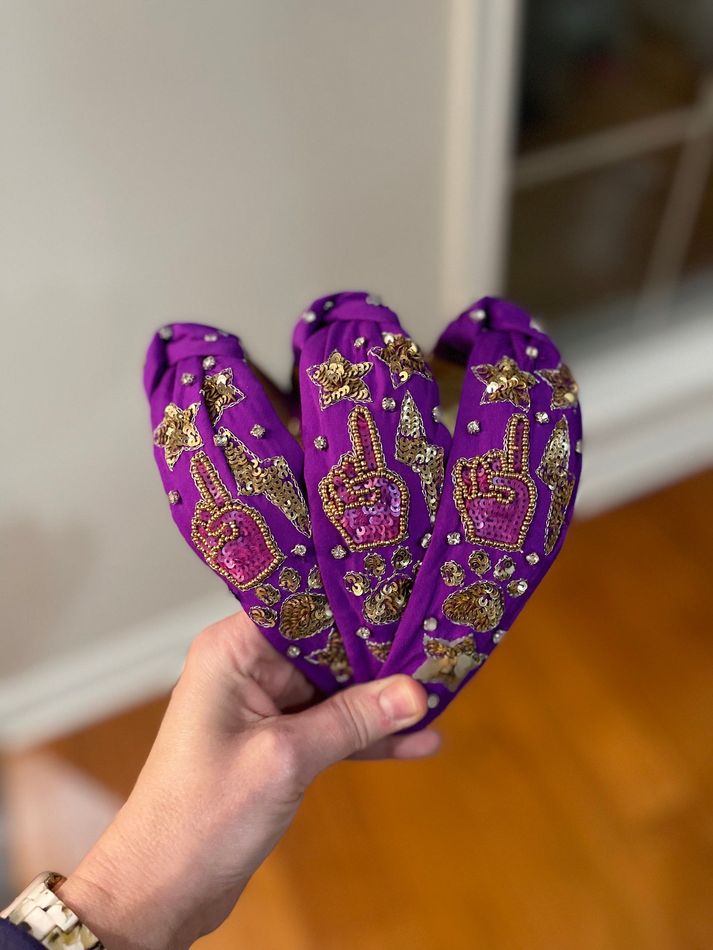 Purple and Gold Spirit Beaded and Sequined Headband