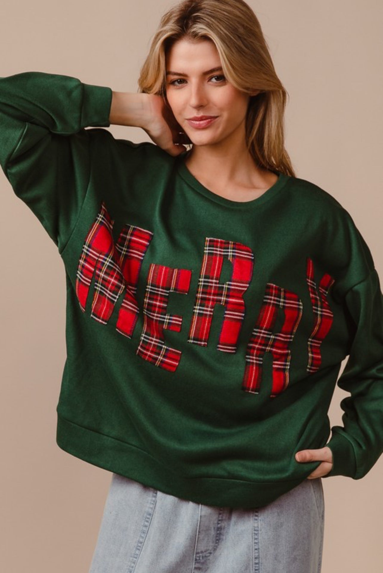 Green Merry Plaid Lettered Christmas Long Sleeved Pullover