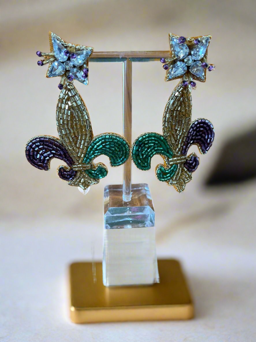 Gorgeous Purple, Green and Gold Mardi Gras Beaded Fleur de Lis Earrings