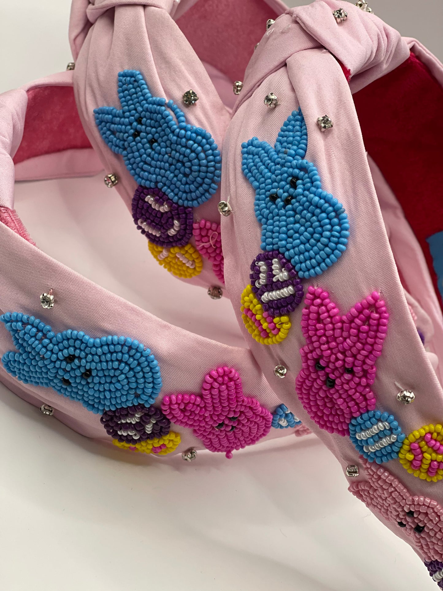 Pink Peeps and Easter Eggs Seed Beaded Top Knot Headband