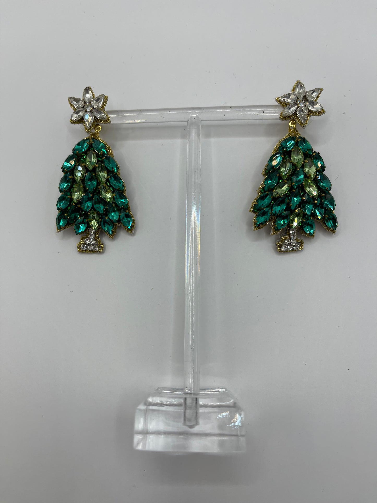 Jeweled Green Christmas Tree Dangle Earrings