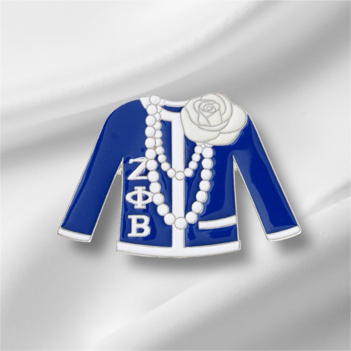 Zeta Phi Beta Blue White Sweater Sorority Pin: Blue and White / Rhodium / 2.15 x 3.25 inches