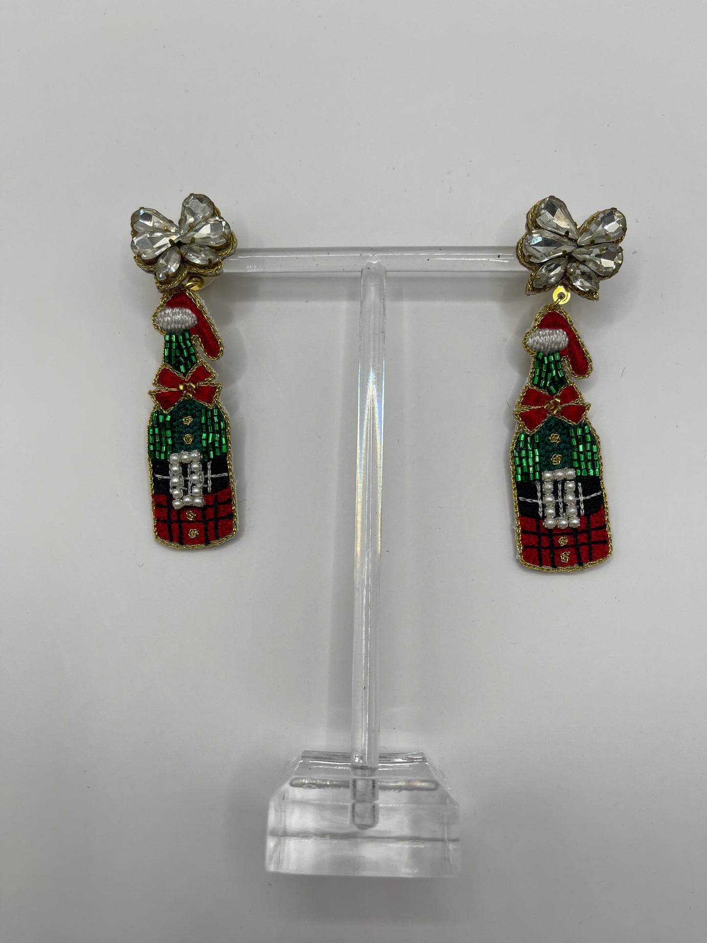 Festive Plaid Champagne Bottle Dangle Earrings