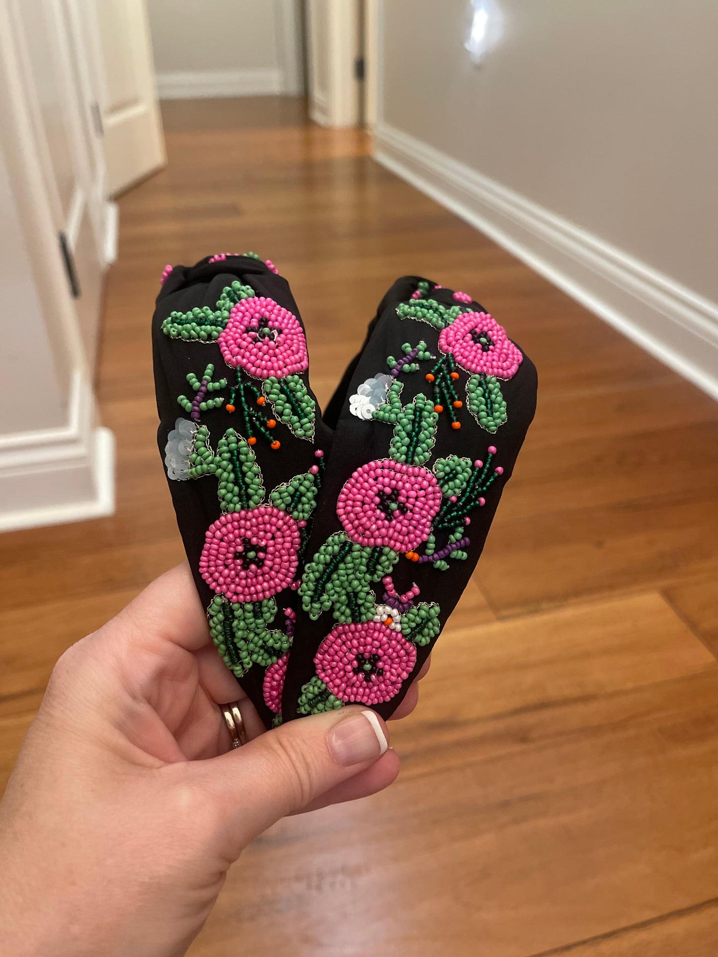 Black Headband with Hot Pink Flowers