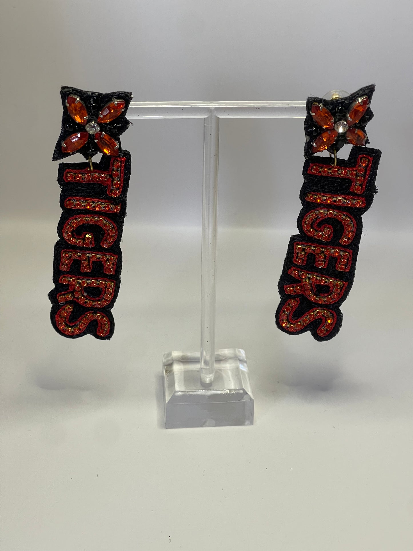 Stitched and Jeweled Tigers Earrings - Black/Orange