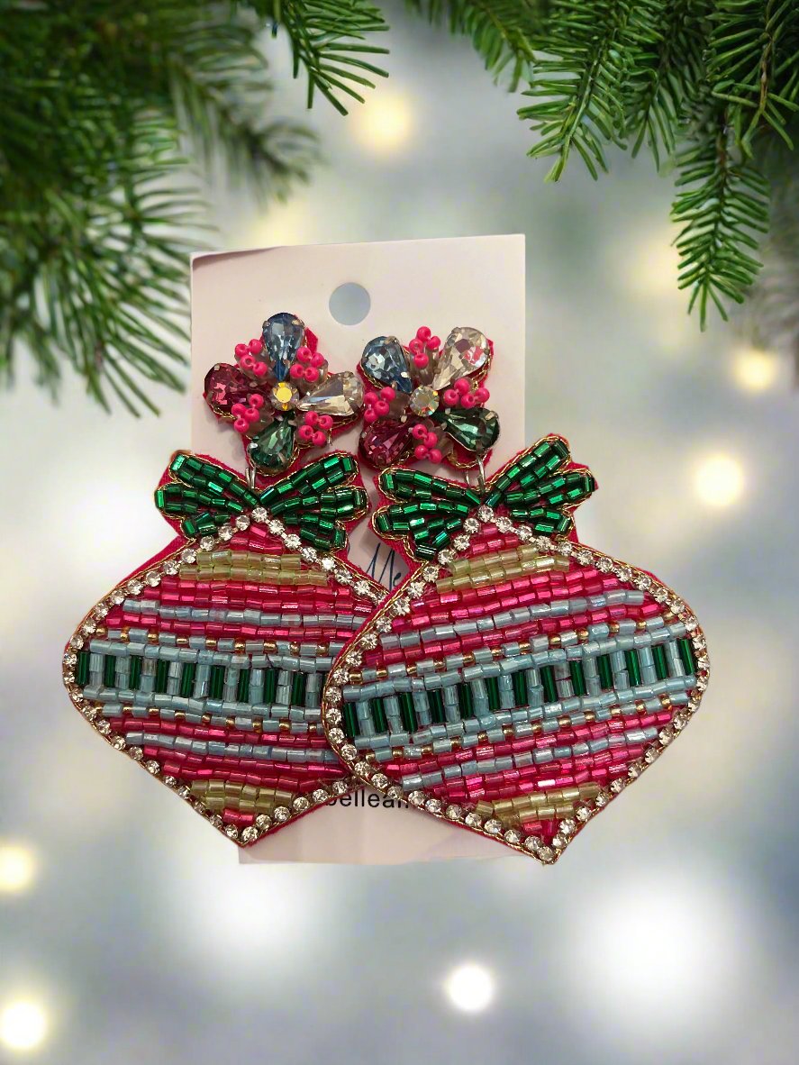 Festive Pink, Green and Blue Christmas Ornament Earrings