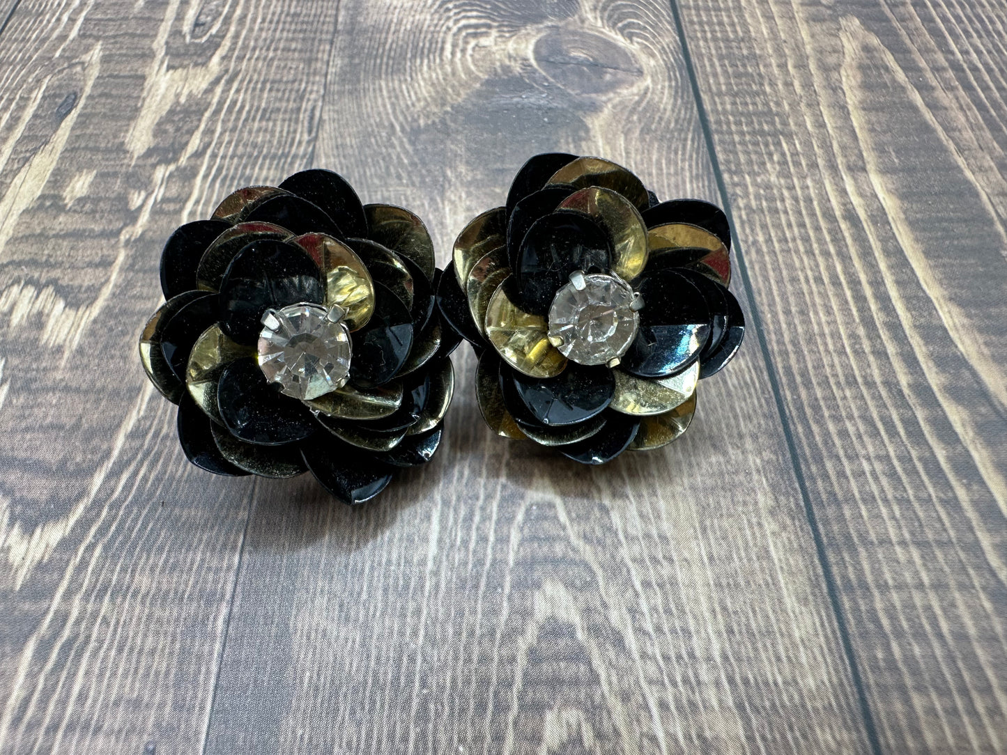 Black and Gold Sequin Flower Stud Earrings