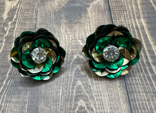 Green and Gold Sequin Flower Stud Earrings