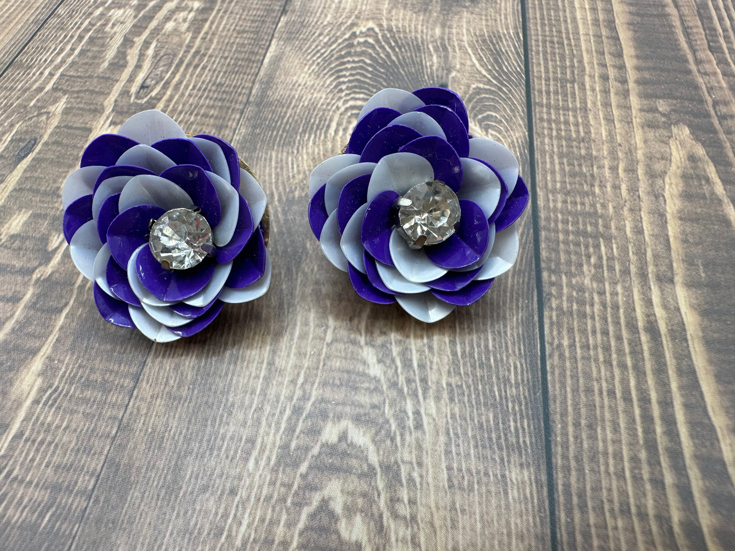 Purple and White Sequin Flower Stud Earrings