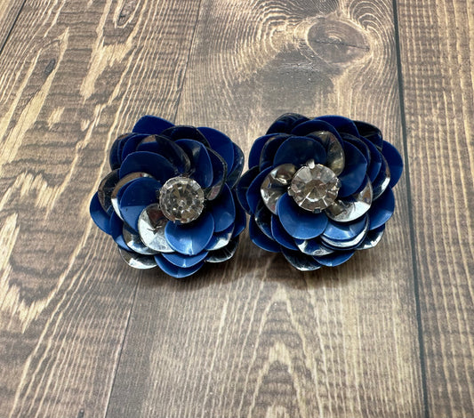 Blue and Silver Sequin Flower Stud Earrings