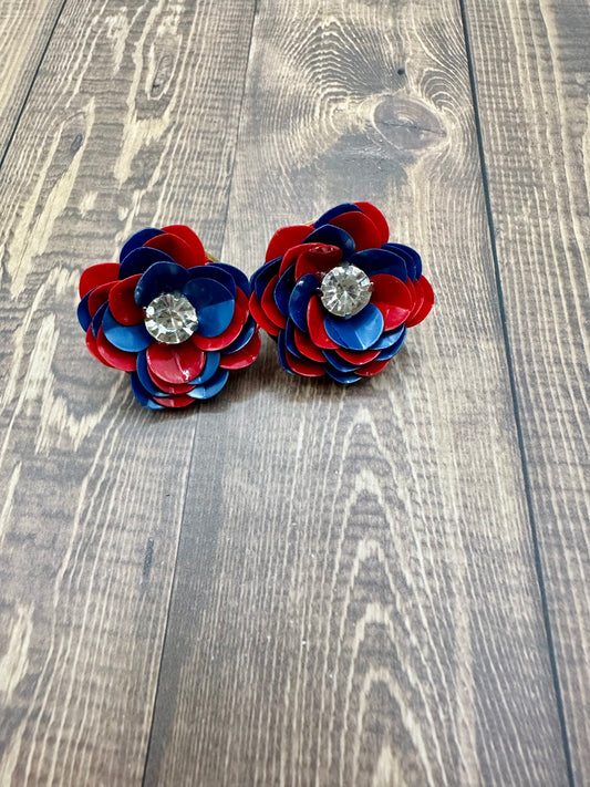 Red and Blue Sequin Flower Stud Earrings