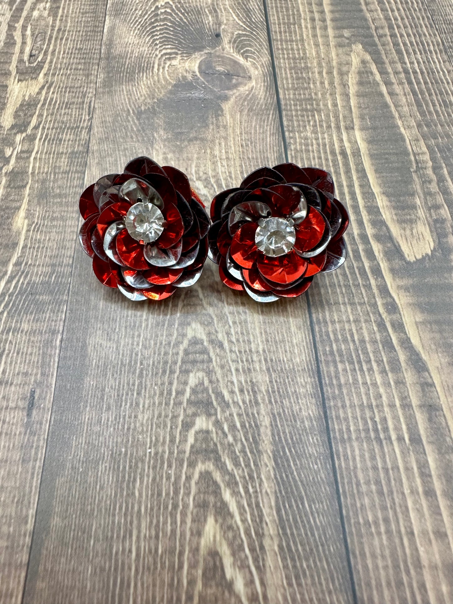 Red and Silver Sequin Flower Stud Earrings