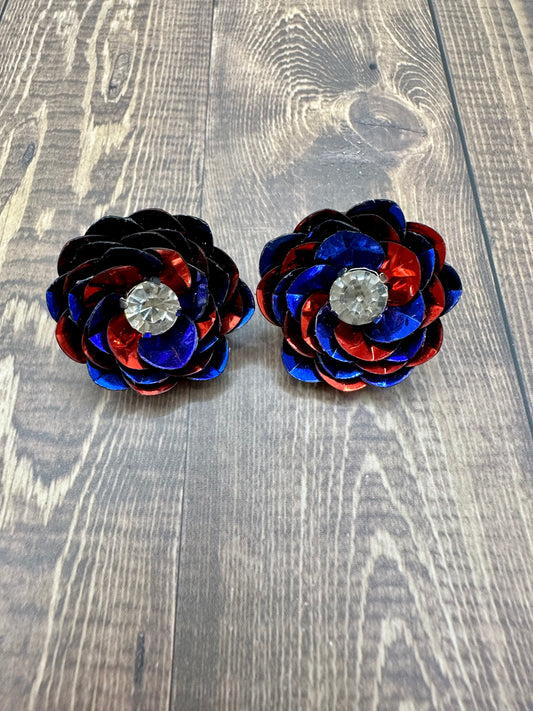Royal Blue and Red Sequin Flower Stud Earrings