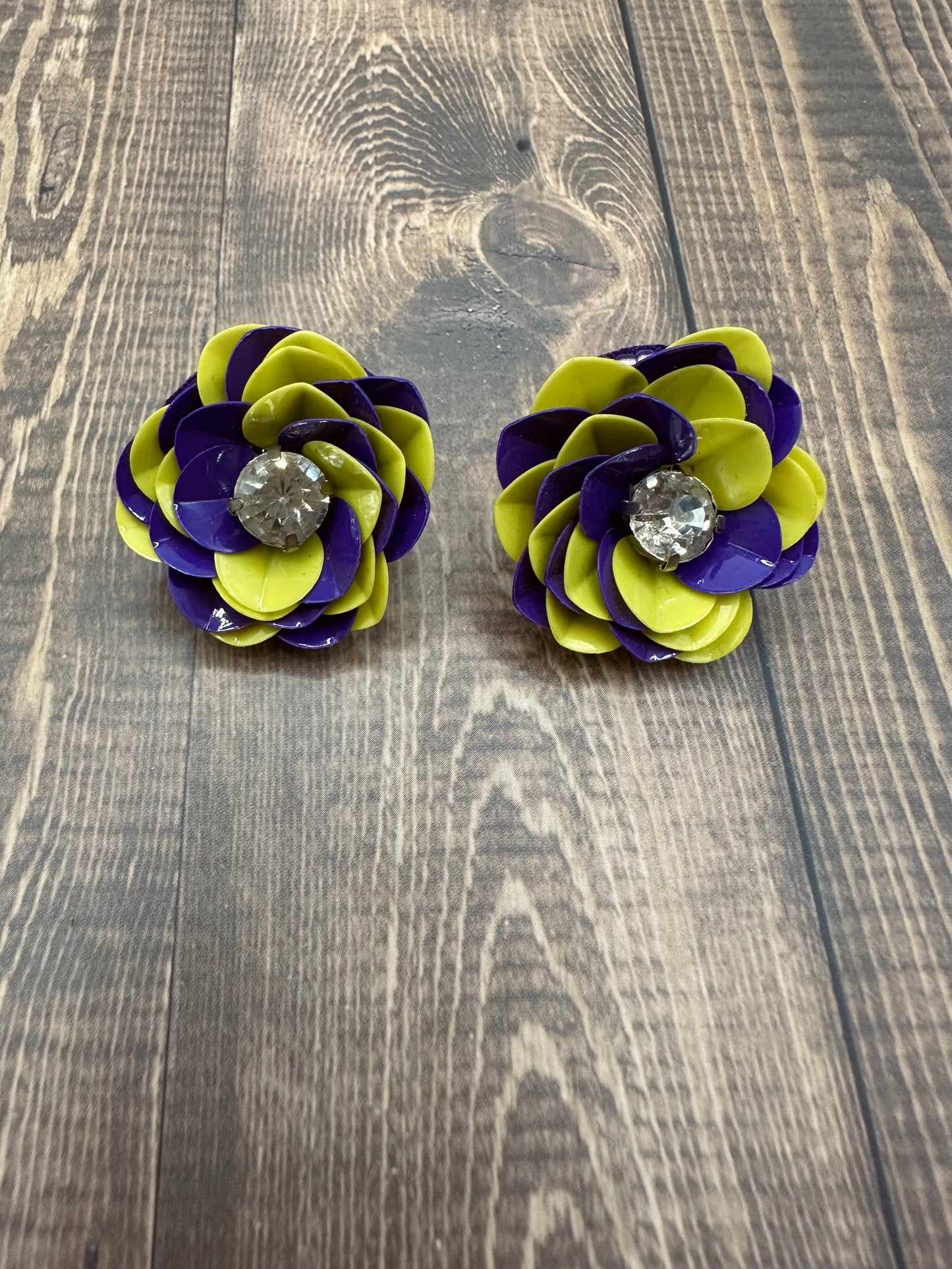 Purple and Yellow Sequin Flower Stud Earrings