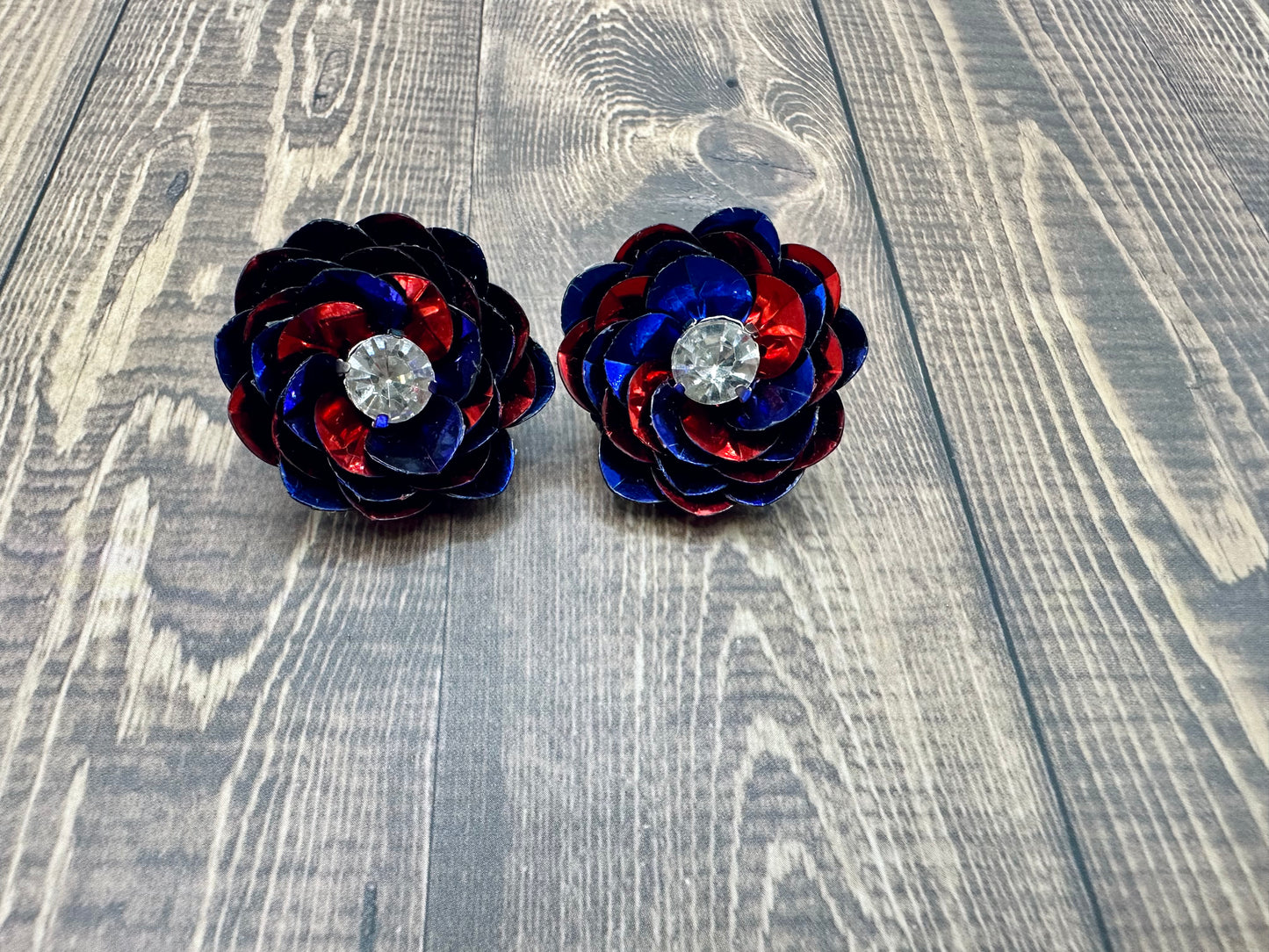 Royal Blue and Red Sequin Flower Stud Earrings