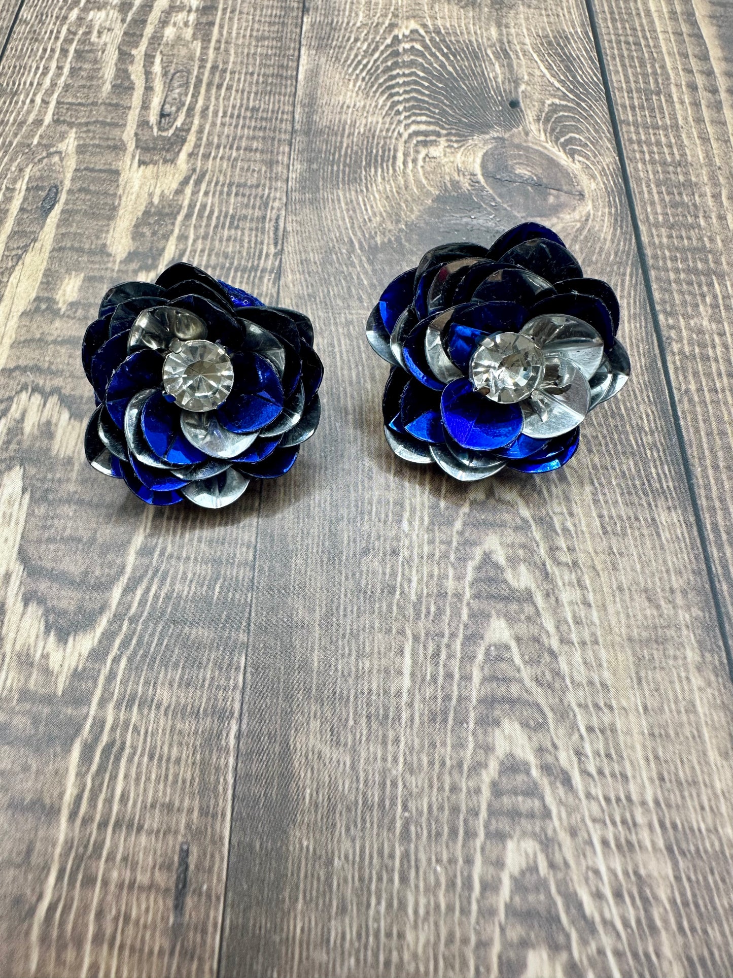 Royal Blue and Silver Sequin Flower Stud Earrings