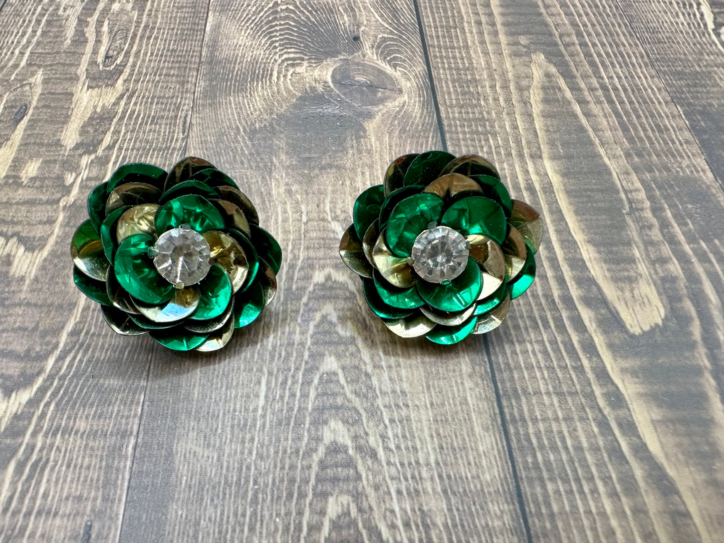 Green and Gold Sequin Flower Stud Earrings