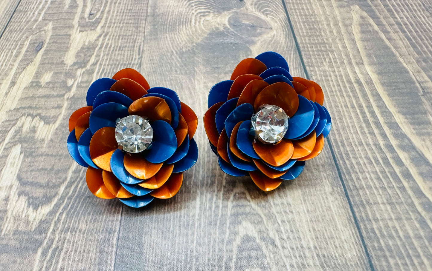Blue and Orange Sequin Flower Stud Earrings