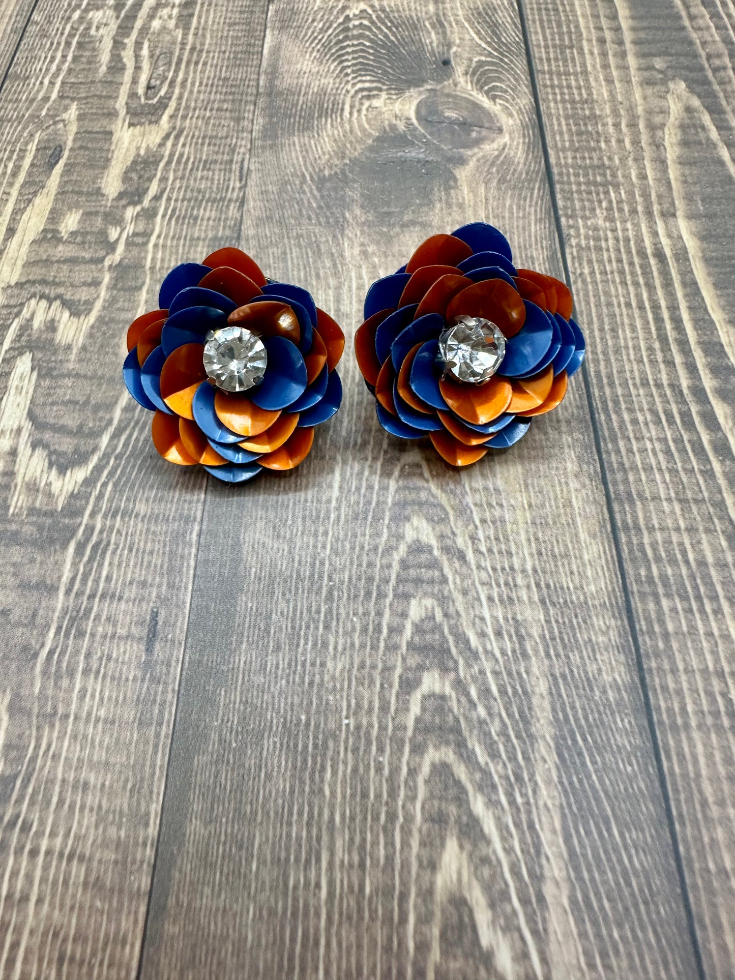 Blue and Orange Sequin Flower Stud Earrings
