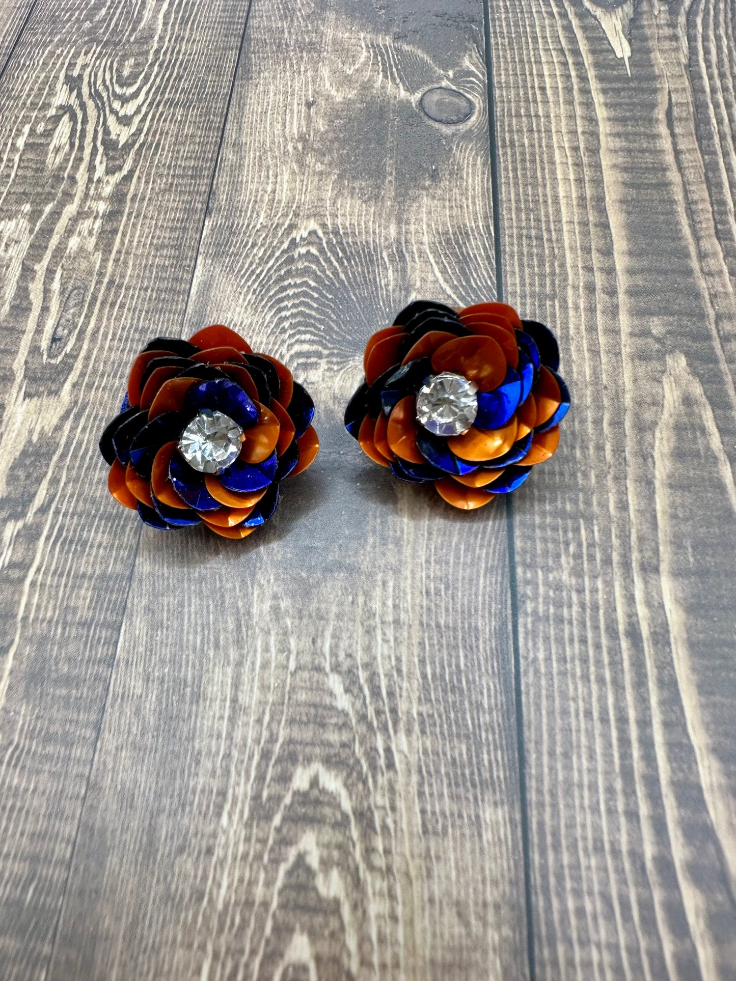 Royal Blue and Orange Sequin Flower Stud Earrings