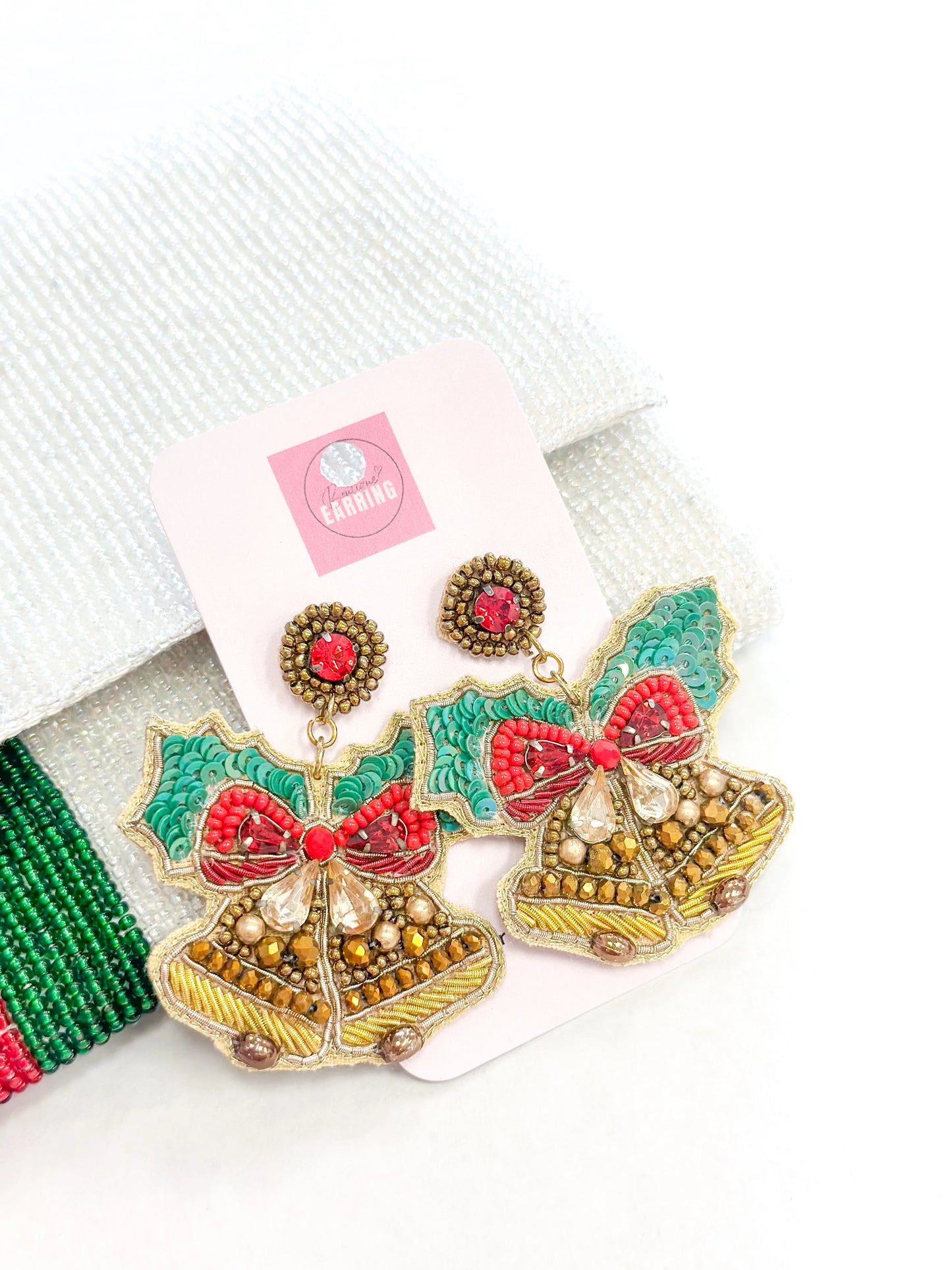 Beaded Holiday Bell Earrings in Red