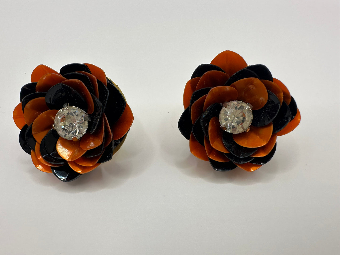 Black and Orange Sequin Flower Stud Earrings