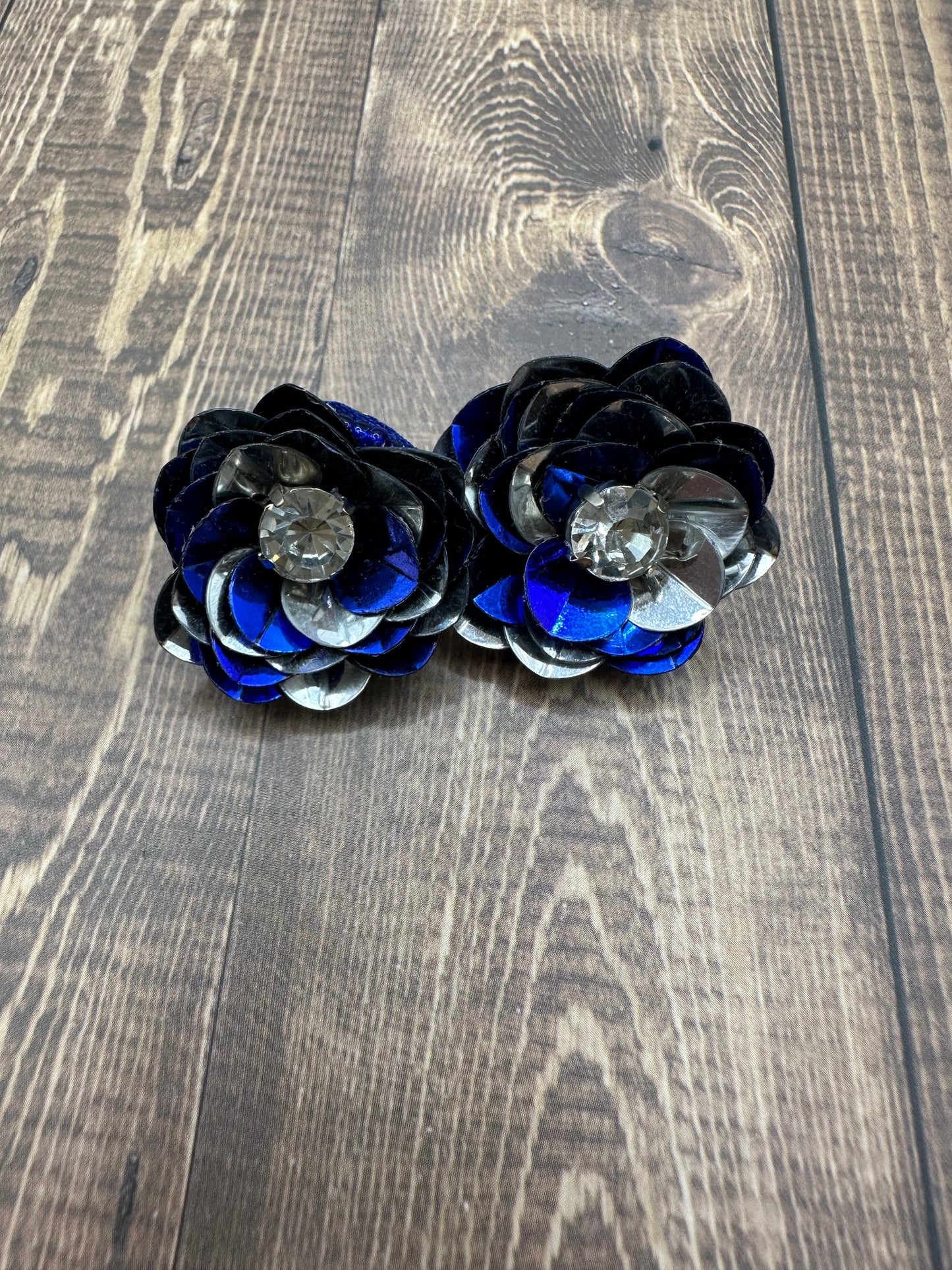 Royal Blue and Silver Sequin Flower Stud Earrings