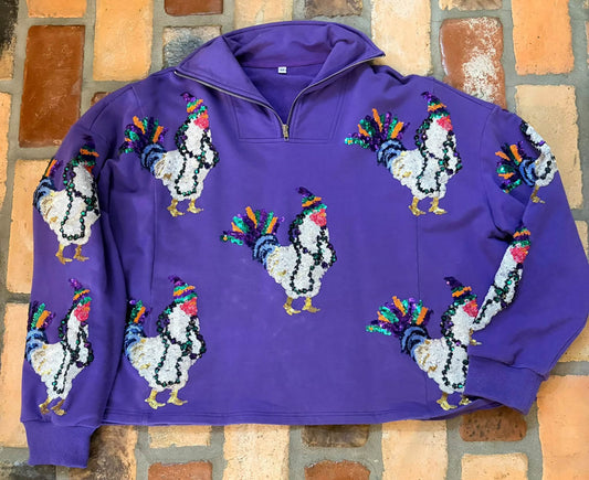 PRE-ORDER Purple Mardi Gras Scattered Chicken Quarter Zip Sweatshirt