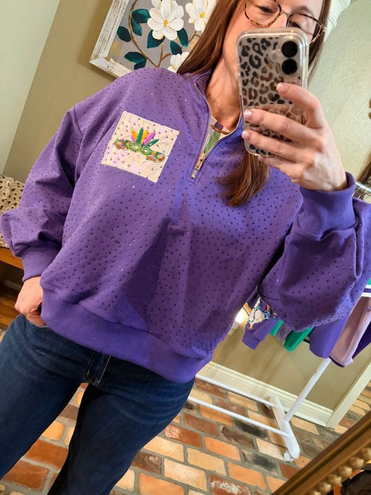 PRE-ORDER Sparkly Mardi Gras Season Quarter Zip Sweatershirt