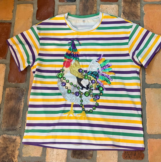 PRE-ORDER Striped Mardi Gras Chicken Tee