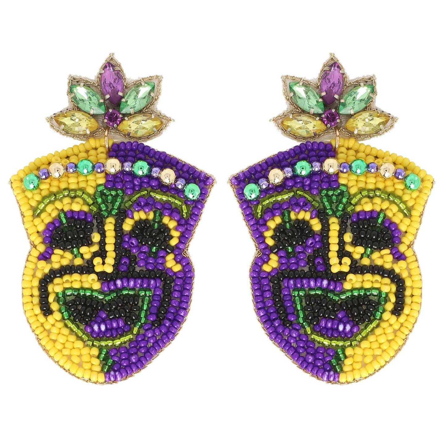 Mardi Gras Joker Mask Gemstone Beaded Earrings