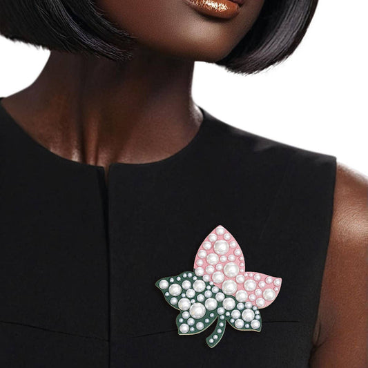 AKA Sorority Pink Green Ivy Leaf Wood Pearl Brooch: Pink and Green / Pearl / 3 x 3.15 inches