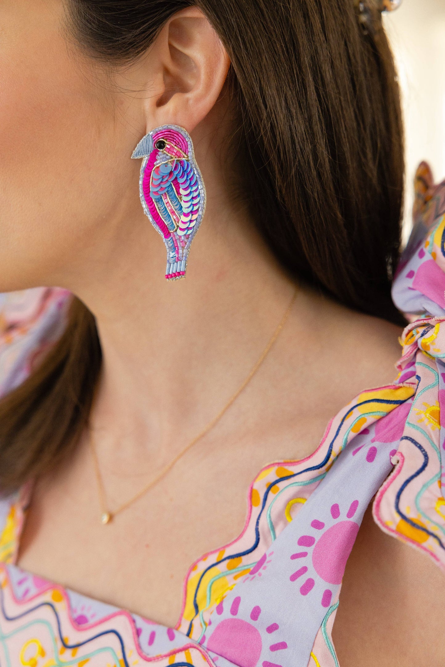 Tropical Bird Earrings in Pink/Periwinkle