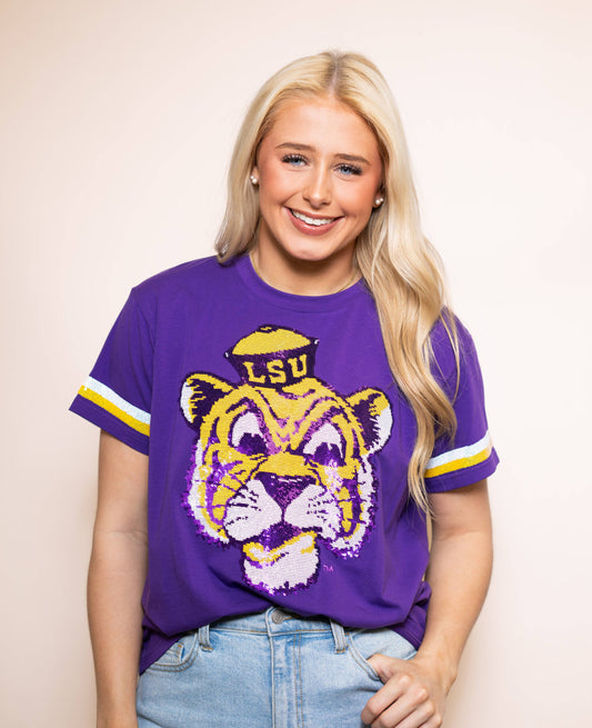 Women's Purple Licensed Sequin LSU Vintage Tiger Tee