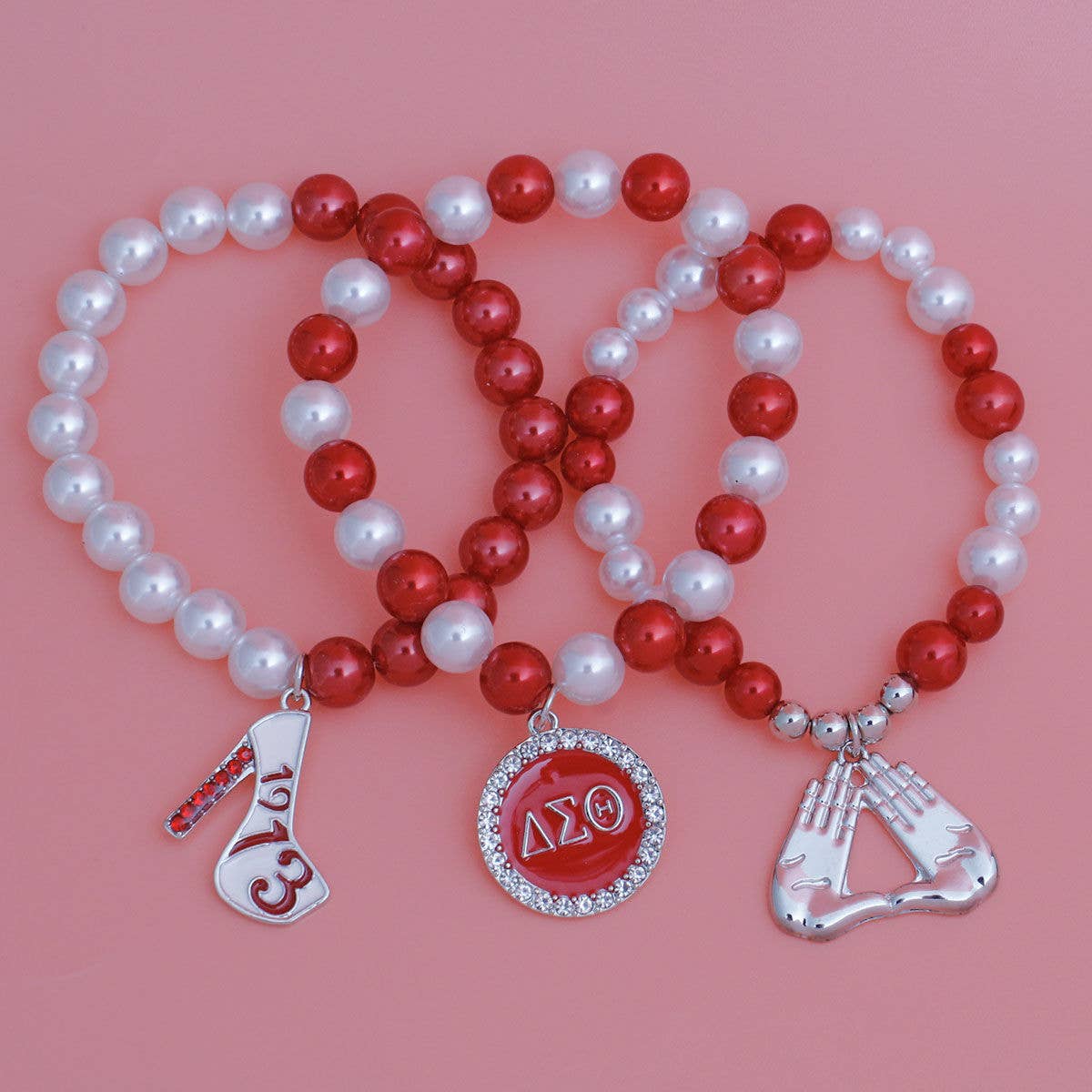 Delta Sigma Theta ΔΣΘ  DST Pearl Bracelet Set: Red and White / Rhodium / Stretch to Fit