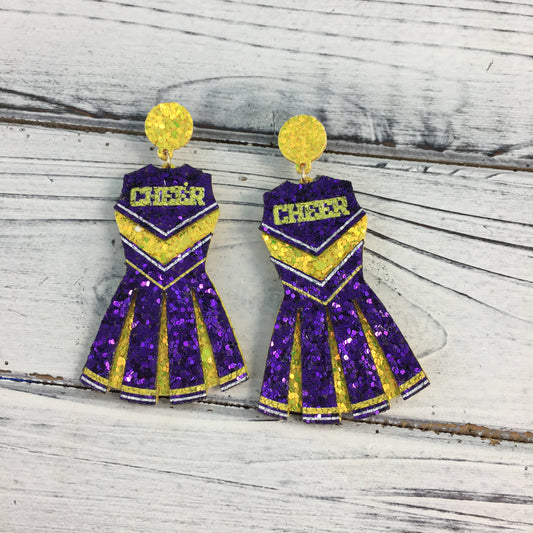 Purple and gold glitter cheerleading outfit earrings