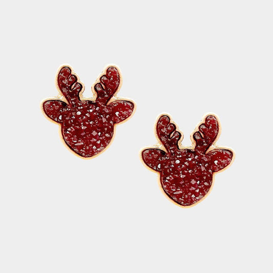 Druzy Reindeer Stud Earrings in Brown