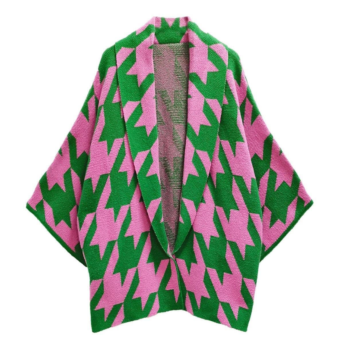 AKA Sorority Houndstooth Knit Pink Green Cardigan: Pink and Green / Multi Tone / 29.5 x 28.7 inches