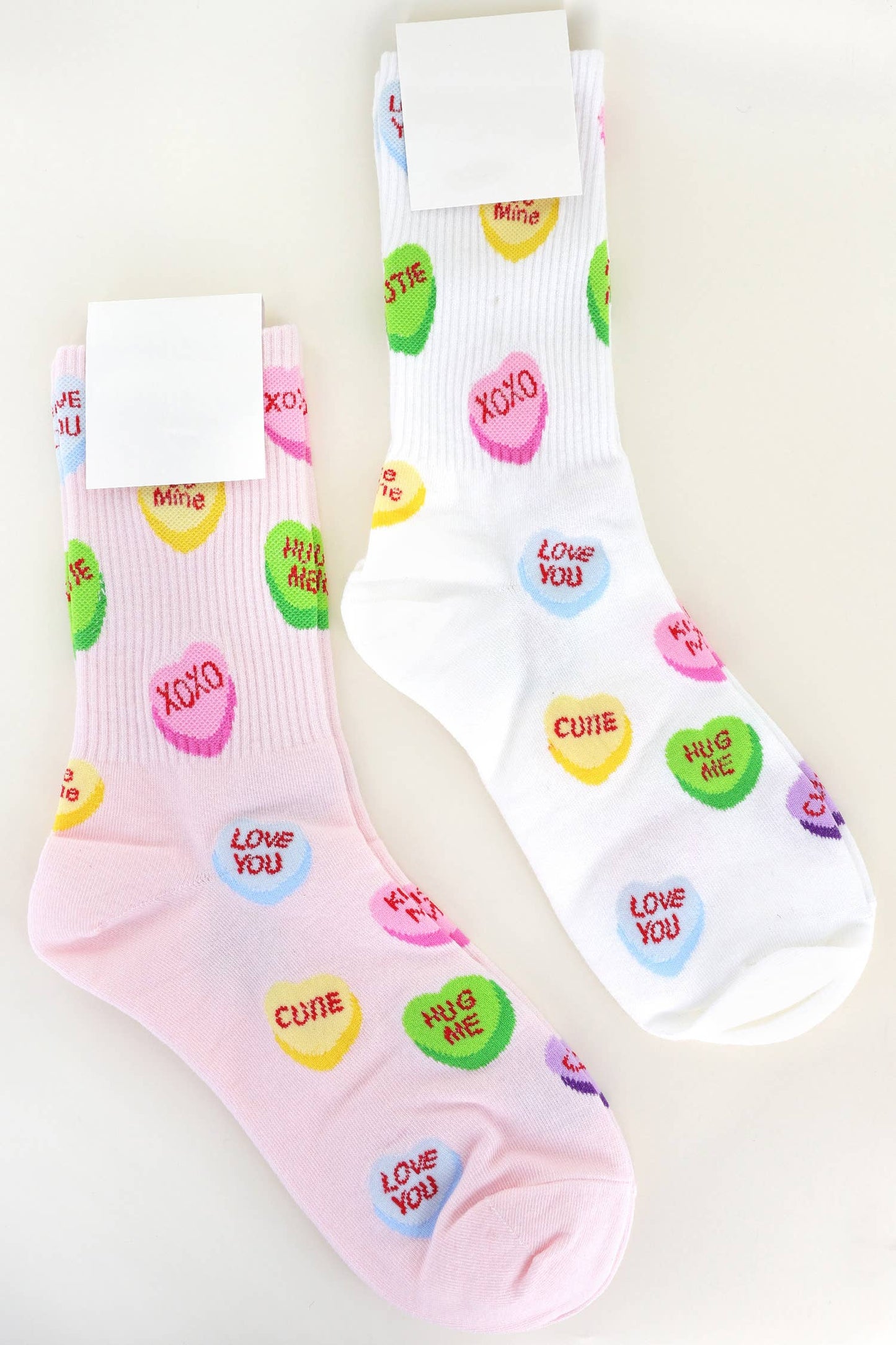Valentine's Conversation Hearts Pattern Cotton Crew Socks: Pink
