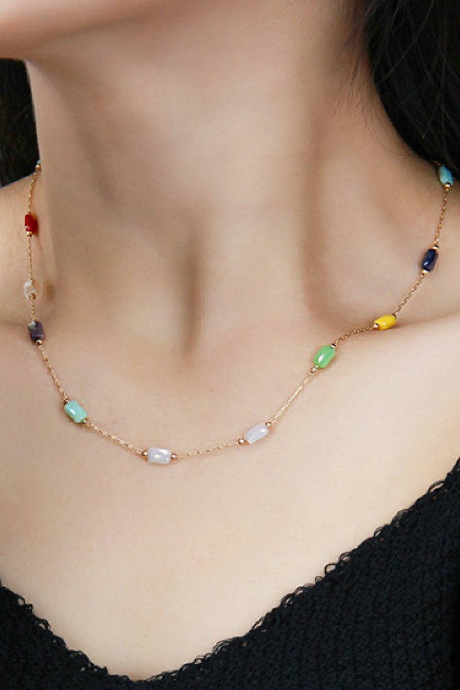 18K Gold PVD Plated Stainless Steel Multicolored Crystal Chain Necklace – 8101: S0OX3T8101 Multi