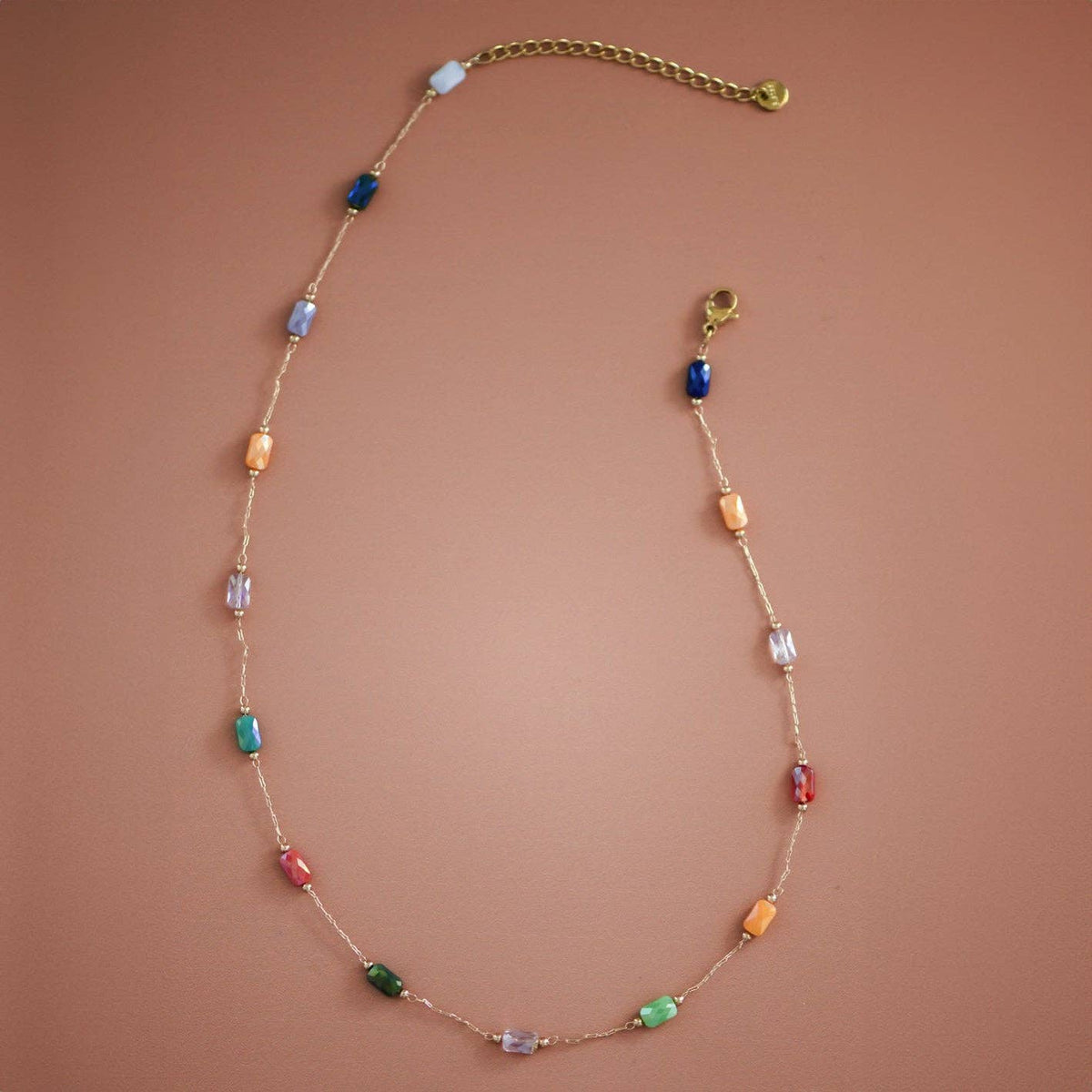 18K Gold PVD Plated Stainless Steel Multicolored Crystal Chain Necklace – 8101: S0OX3T8101 Multi