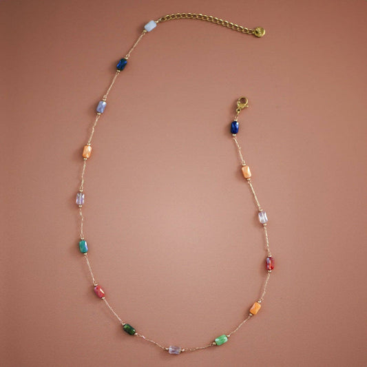 18K Gold PVD Plated Stainless Steel Multicolored Crystal Chain Necklace – 8101: S0OX3T8101 Multi