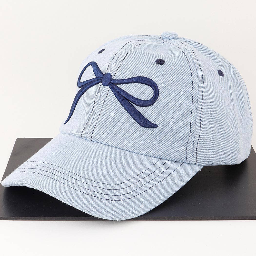 Cute Ribbon Embroidered Denim Cap- Two Colors