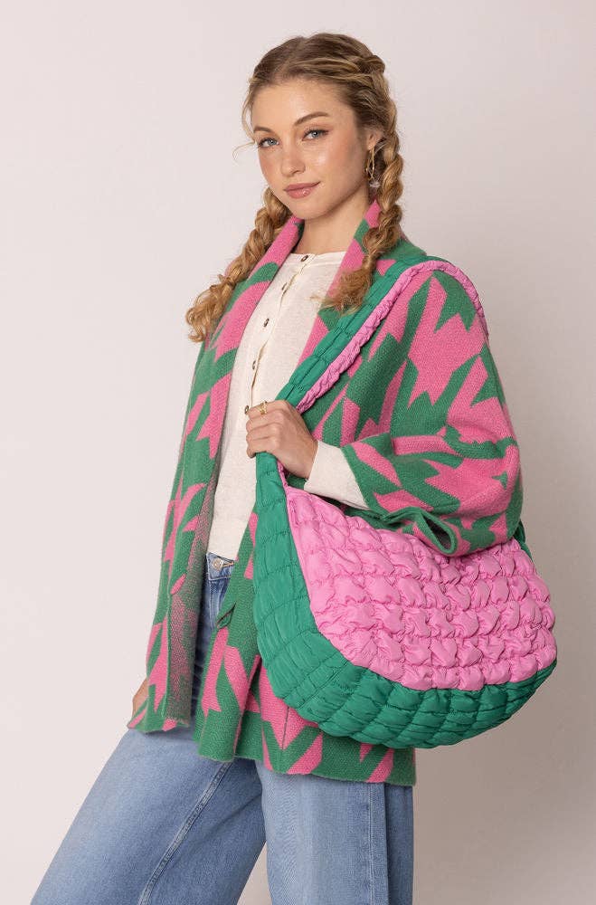 AKA Sorority Houndstooth Knit Pink Green Cardigan: Pink and Green / Multi Tone / 29.5 x 28.7 inches