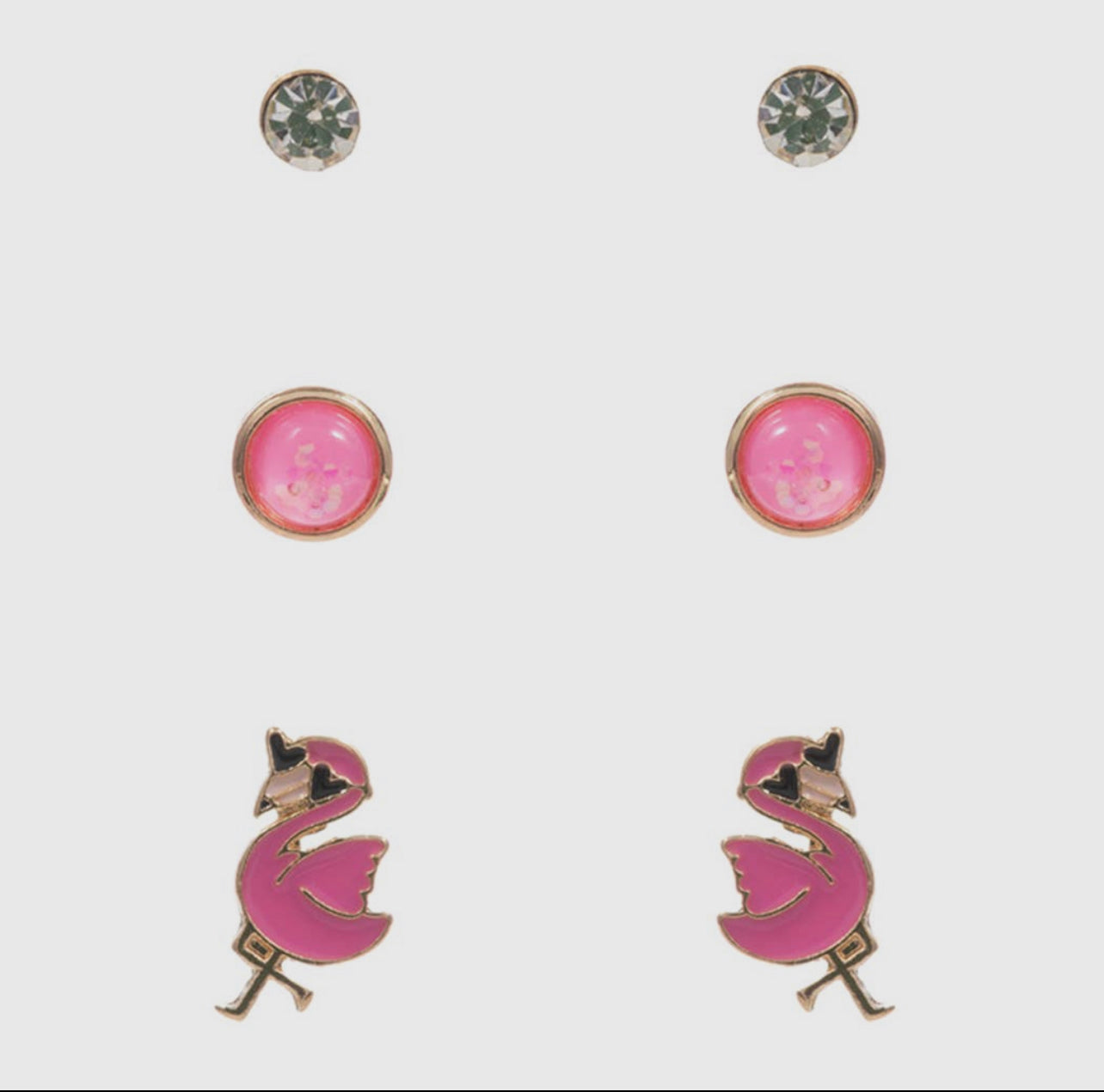 Set of 3 Girl Studs - Flamingo, Pink and Clear Studs