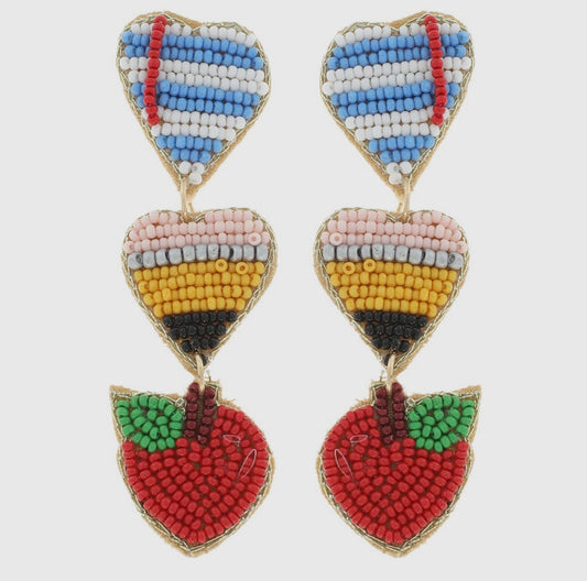 Note, Pencil and Apple Seed Beaded Drop Earrings