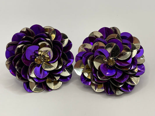 Purple and Gold Sequin Flower Stud Earrings